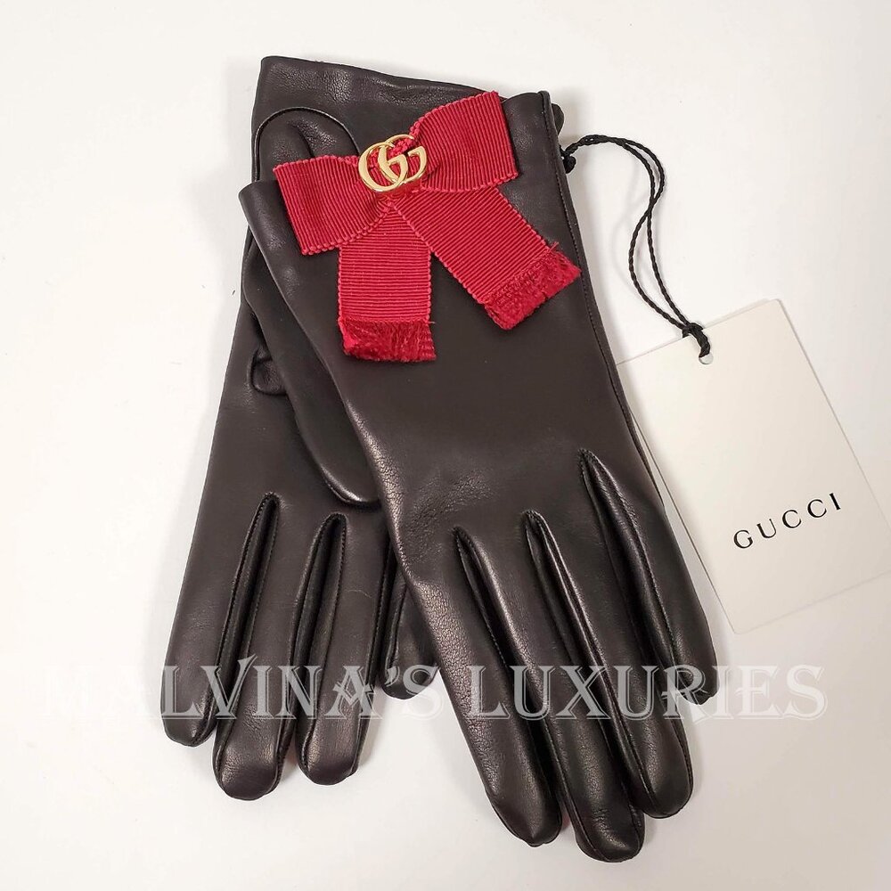 GUCCI GLOVES 434223 BLACK LEATHER GROSGRAIN BOW G LOGO sz S / 7 - Picture 9 of 16